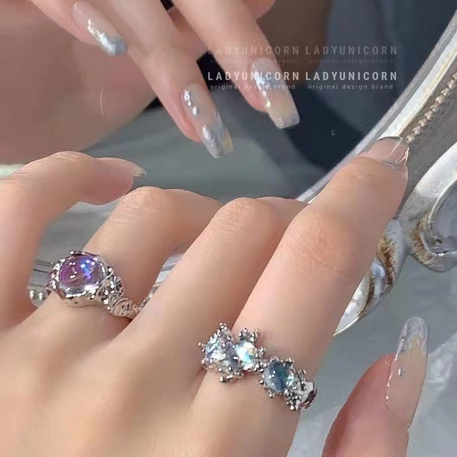 Thời Trang Nhẫn Bạc Dát Đá Mặt Trăng Thiết Kế Bất Đối Xứng