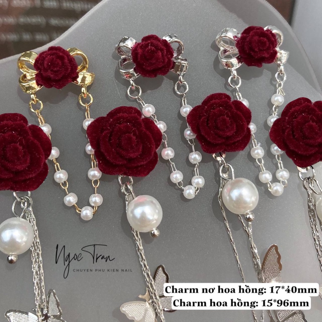 Charm Hoa Hồng Tua Rua Ngọc Trai Đỏ Cao Cấp | Trang Trí Móng Tay