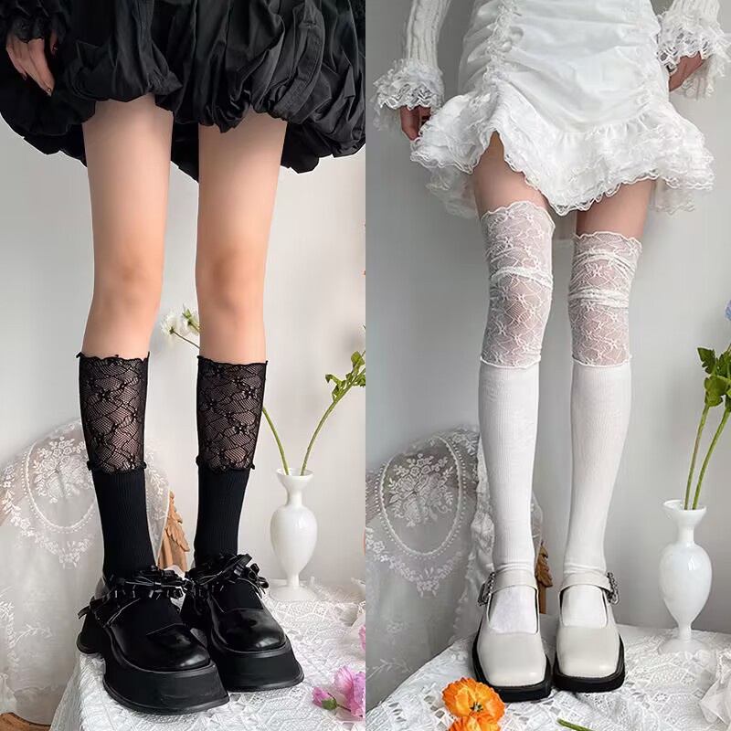 Vớ cotton Dài Qua Gối Phối Ren Màu Trơn Cho Học Sinh jk
