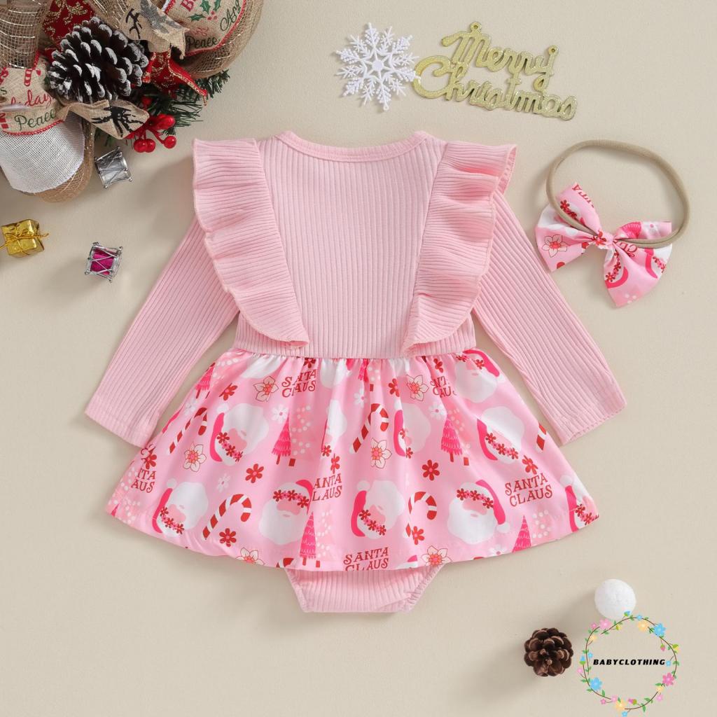 Set 2 Món Đầm Tay Dài + Băng Đô Cài Tóc Phong Cách Giáng Sinh Cho Bé Gái