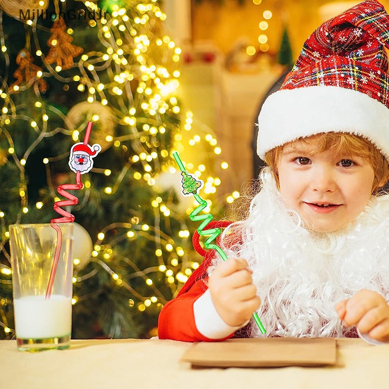 Set 1 / 6 Ống Hút Nhựa Họa Tiết Giáng Sinh Nhiều Màu Tái Sử Dụng Được Kèm Phụ Kiện Trang Trí Tiệc Cho Bé jr