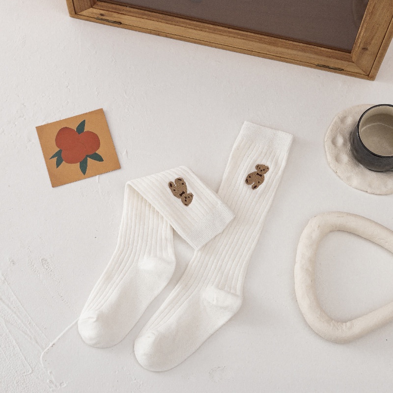 Vớ cotton Cao Qua Gối Thêu Họa Tiết Gấu Hoạt Hình Màu Trơn Phong Cách Hàn Quốc Xinh Xắn Cho Bé Gái