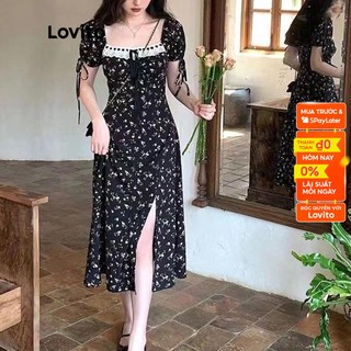 Đầm tay ngắn Lovito boho phối ren lưới tương phản cho nữ LNE12090 (màu đen)