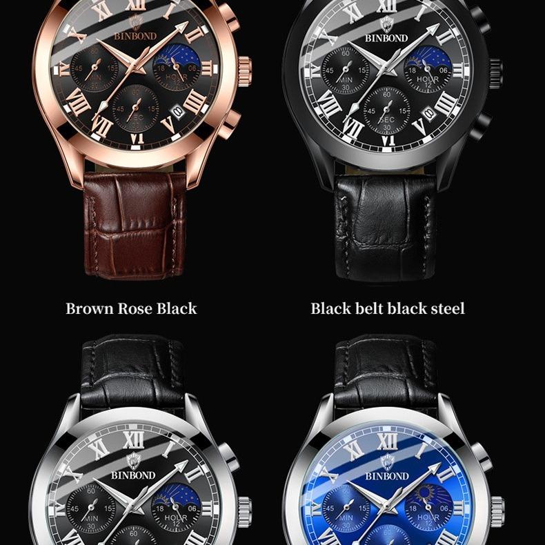 Đồng Hồ Nam Dây Da chạy 6 kim BINBOND I21 Kính Vòm