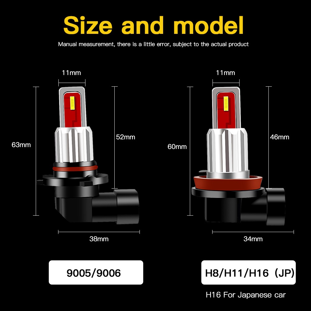 Set 2 Bóng Đèn led h7 h8 h11 h16 jp 9005 hb3 9006 hb4 p13w 12v 24v Ánh Sáng Trắng / Vàng Chuyên Dụng Cho Xe Hơi