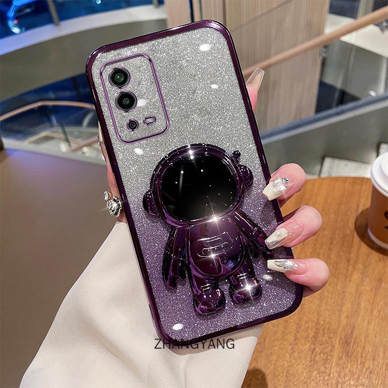 ốp lưng oppo a55 4g Ốp Điện Thoại Silicon Mềm Mạ Điện Lấp Lánh Có Giá Đỡ Hình Phi Hành Gia 3D Cho oppo a55 4g