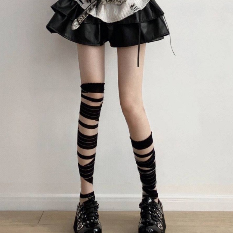 Japanese Lolita Black and White Bandage Stockings for Girls' New JK Uniform Cross Tie Long Tube Knee Length Stockings