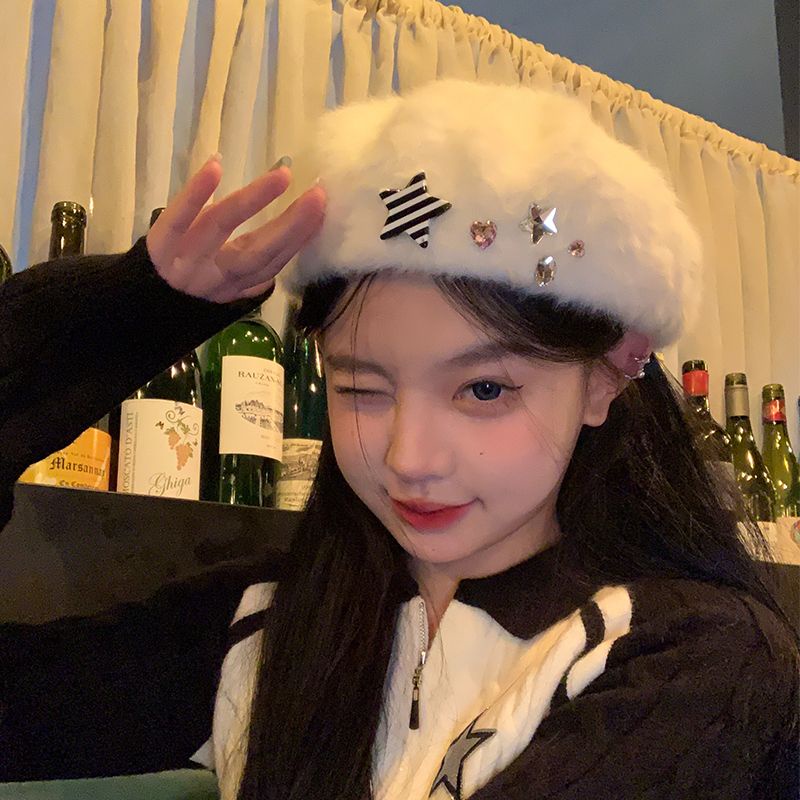 Milletnium Mũ beret y2k Phối Lông Trắng Thời Trang Thu Đông Cho Nữ