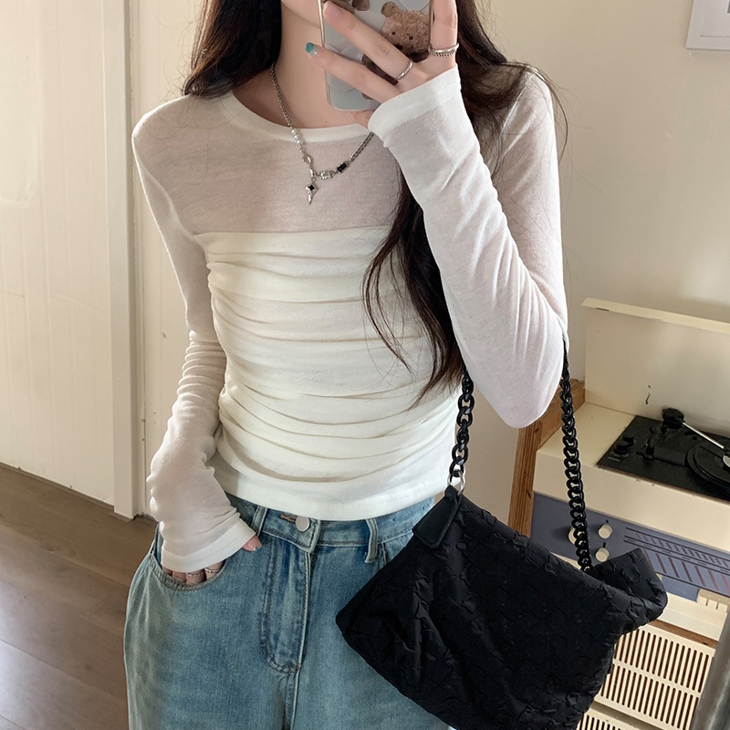 Áo Thun Tay Dài Phối Lưới Dáng Ôm Thời Trang Cho Nữ 0702