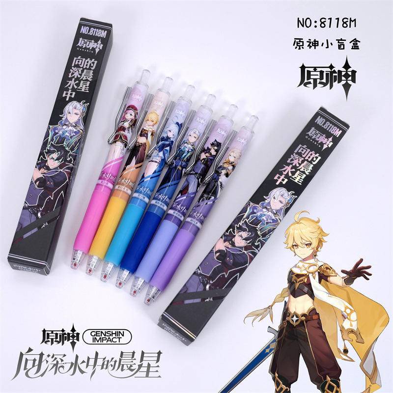 Mới 1 Hộp Bút Mực Đen Ngòi 0.5mm In Hình Hoạt Họa game genshin furina aether albedo charlotte