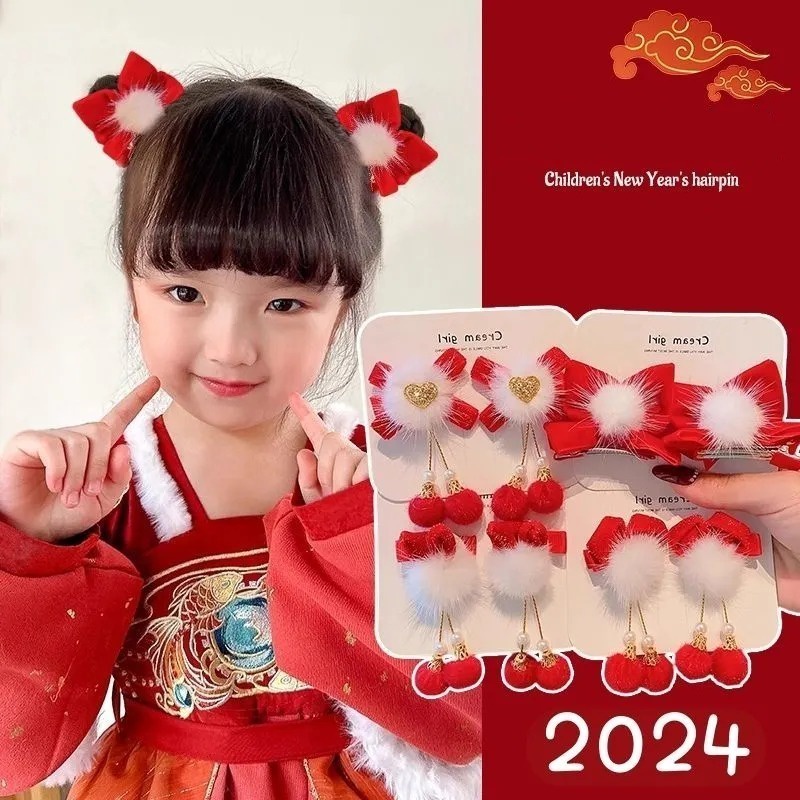 Kẹp Tóc Hình Nơ Đỏ Đính Bóng Lông Mừng Năm Mới Cho Bé Gái
