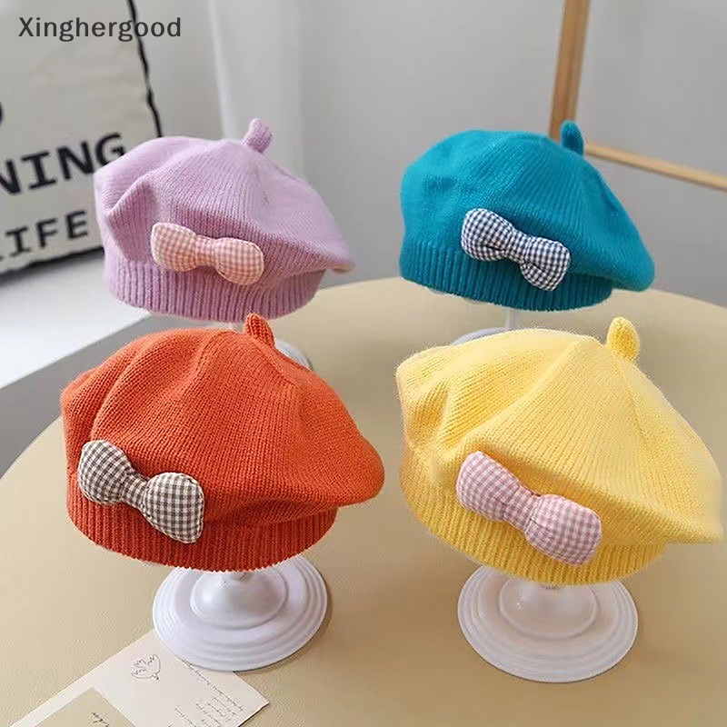 Xinghergood Mũ Nồi Dệt Kim Màu Trơn Đính Nơ Thời Trang Thu Đông Ấm Áp Cho Bé Gái