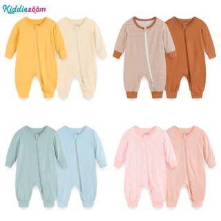 Kiddiezoom bộ đồ ngủ 2 món áo liền quần tay dài màu trơn có khóa kéo in hoạt hình dành cho bé sơ sinh