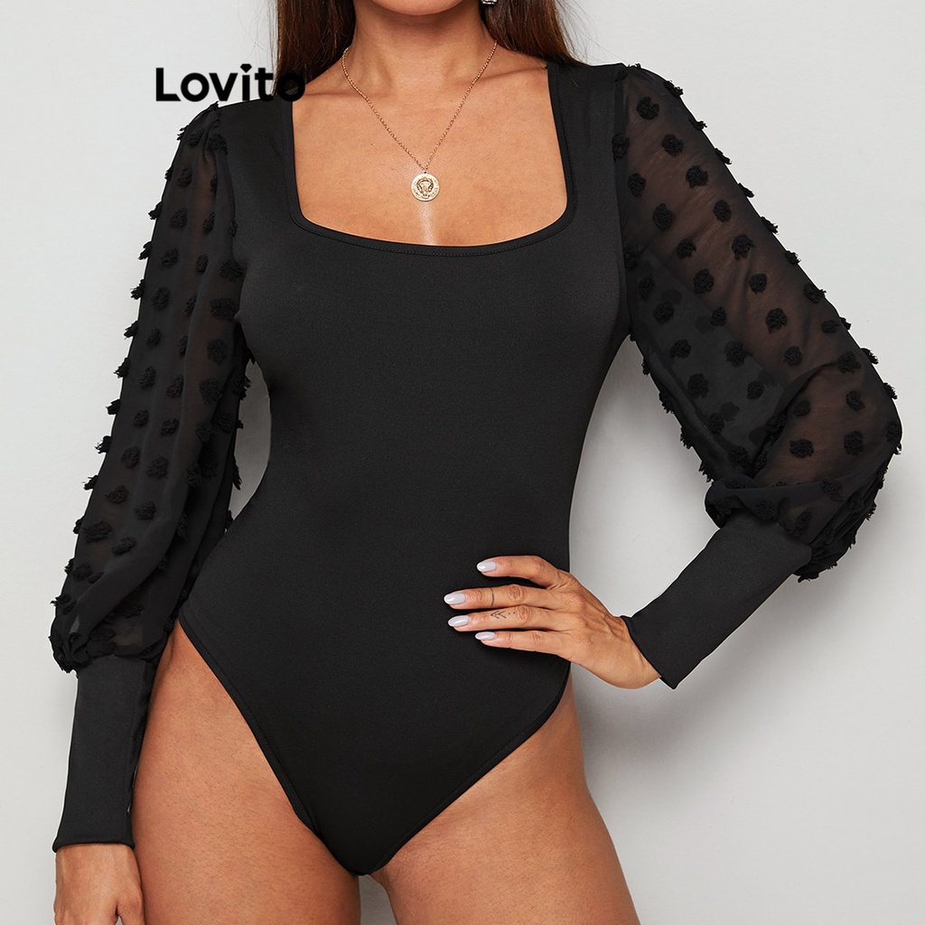 Lovito Bộ đồ liền thân Jacquard trơn thanh lịch cho nữ LNE27323 (Đen)