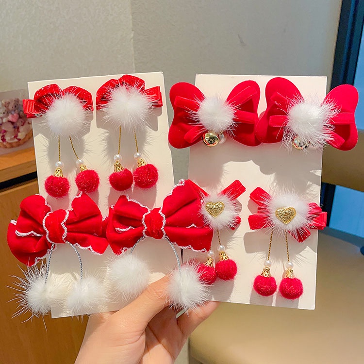 Set 2 Kẹp Tóc Nơ Bướm Tua Rua Chất Liệu Nhung Màu Đỏ Mừng Năm Mới Cho Bé Gái