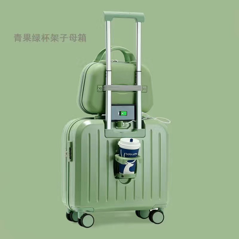 Vali mini size 18 có sạc và giá đựng cốc tiện lợi kèm cốp màu pátel siêu xinh