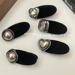 Kẹp tóc mỏ vịt đính đá ngọc trai xám phong cách retro cao cấp