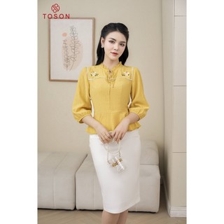 Áo tơ lụa vàng cốm dáng peplump thêu hoa 14969V83 Toson