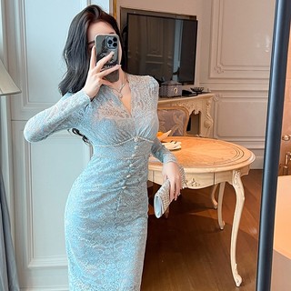 Đầm Ren Dáng Dài Cổ Chữ v Thời Trang Thu Đông Phong Cách Pháp Hàng Mới 2023 20877