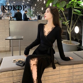 Kdkdp Đầm Đen Cổ Chữ v Phối Ren Dáng Ôm Thời Trang Xuân Thu Dành Cho Nữ