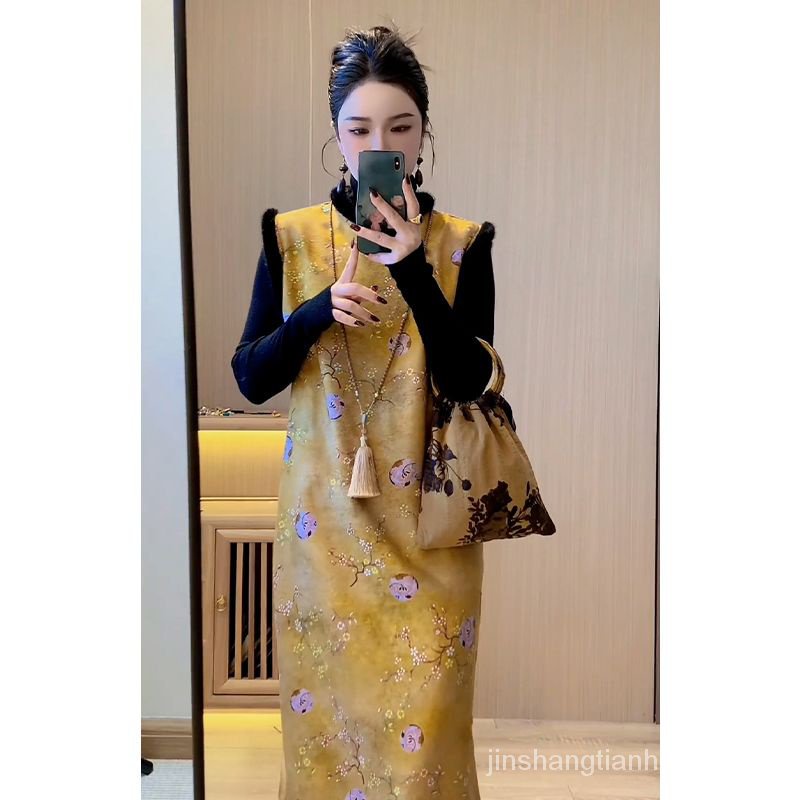 Set Đầm Sườn Xám Lót Lông Cừu Dày Dặn Phong Cách Trung Hoa Mới