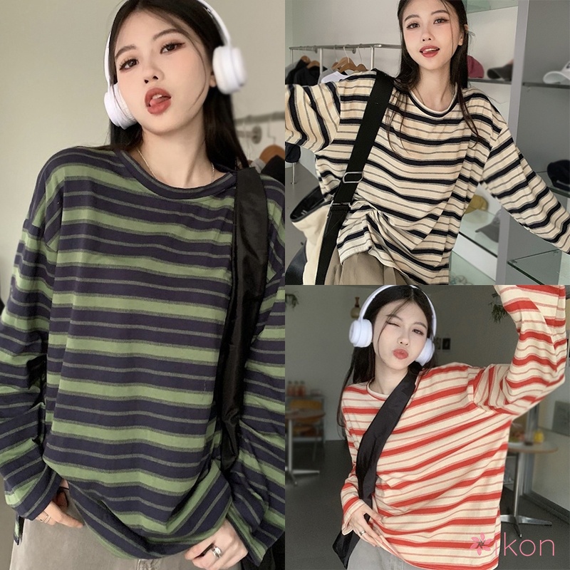 Áo Thun Tay Dài Cổ Tròn Họa Tiết Kẻ Sọc Màu Tương Phản Dành Cho Nữ