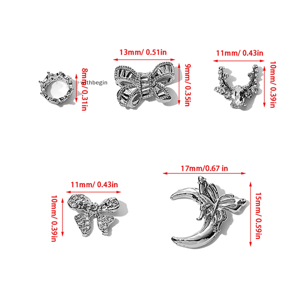 Bộ 5 Phụ Kiện Trang Trí Móng Tay Hình Nơ Đính Đá 3d Bằng Hợp Kim Màu Bạc Xinh Xắn