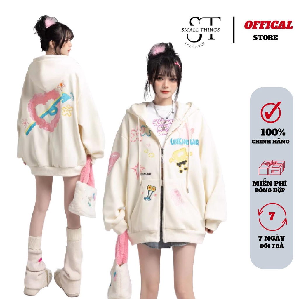 Áo khoác nỉ bông hoodie zip cotton SMALL THINGS ST dành cho mùa hè màu đen kem Underwater Animal mã AB01