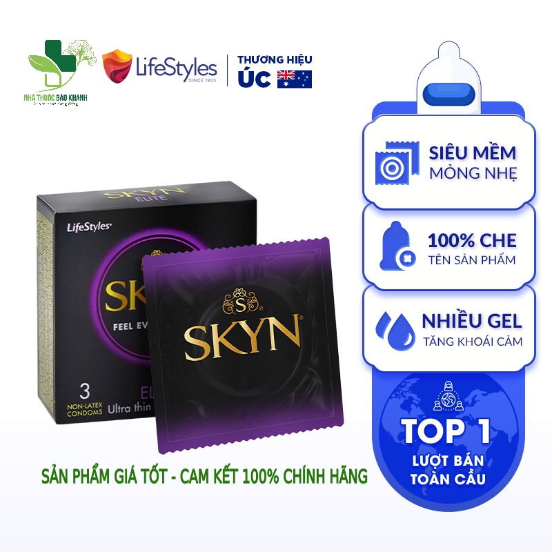 Bao cao su LifeStyles SKYN Elite Non-latex siêu mỏng siêu mềm không mùi cao su 3 bao