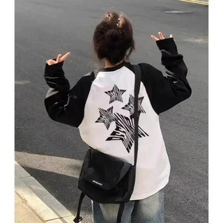 Áo Thun Raglan Tay Dài Dáng Rộng Màu Trắng Đen Phong Cách Mỹ Thời Trang Mùa Thu Cho Cặp Đôi