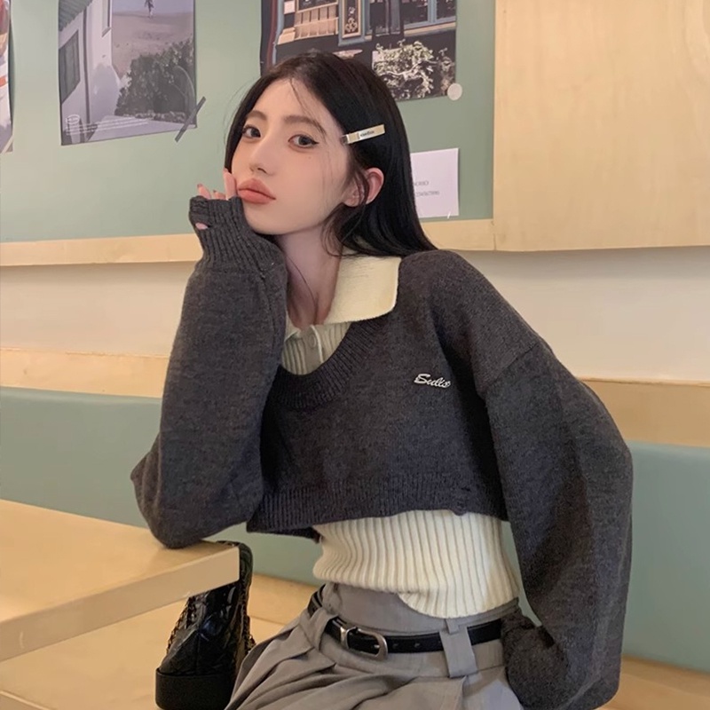 Bộ Áo sweater Dệt Kim Hai Lớp Dáng Ngắn Thời Trang Thu Đông Cho Nữ