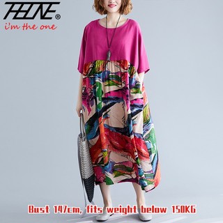 One Đầm Tay Ngắn Cổ Tròn Dáng Rộng In Họa Tiết Hoa Phong Cách Hàn Quốc Cổ Điển Thời Trang Mùa Hè Cho Nữ size Lớn 5xl 6xl 7xl