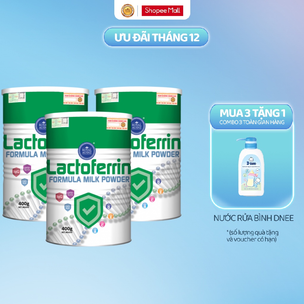 Combo 3 Hộp Sữa Bột ROYAL AUSNZ Lactoferrin Formula Milk Powder Bổ Sung Vitamin, Khoáng Chất 400g/hộp