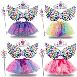 Wfrv set Áo Cánh Bướm Và Chân Váy tutu Hai Lớp Màu Cầu Vồng Cho Bé Gái