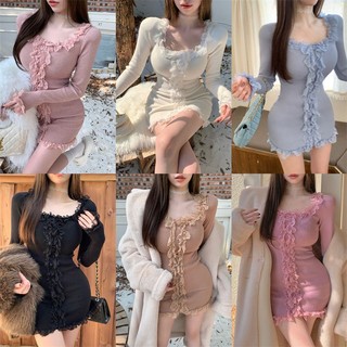 Đầm Tay Dài Cổ Vuông Phối Ren Thời Trang Mùa Đông Xinh Xắn Cho Nữ