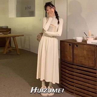 Huizumei Đầm Tay Dài Cổ Tròn Màu Trơn Phong Cách Hàn Quốc Cho Nữ