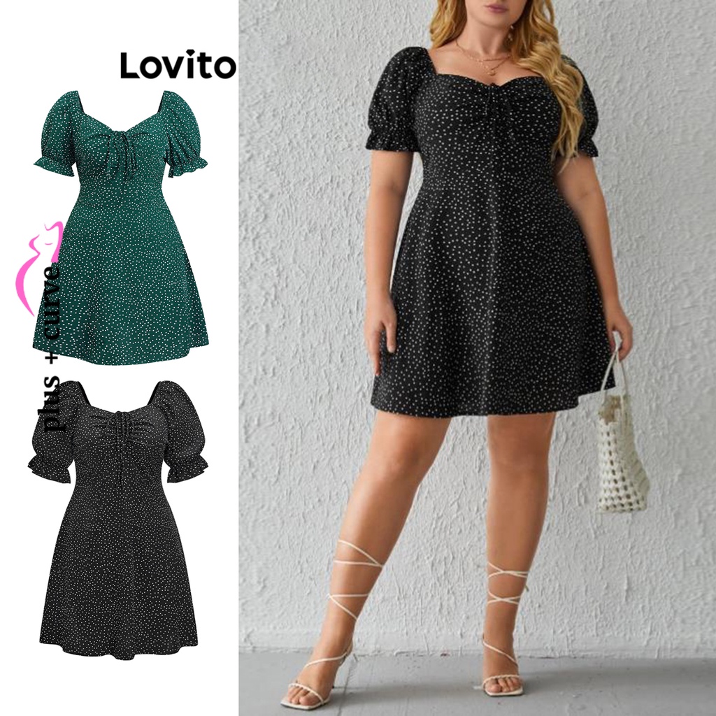 Đầm suông Lovito có dây rút họa tiết chấm bi tay phồng plus size tôn dáng thời trang cho nữ LBE02087 (Nhiều màu)