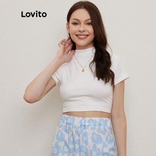 Lovito Áo Thun Lửng Cổ Đứng Màu Trắng Kiểu Dáng Hợp Thời Trang L20D122