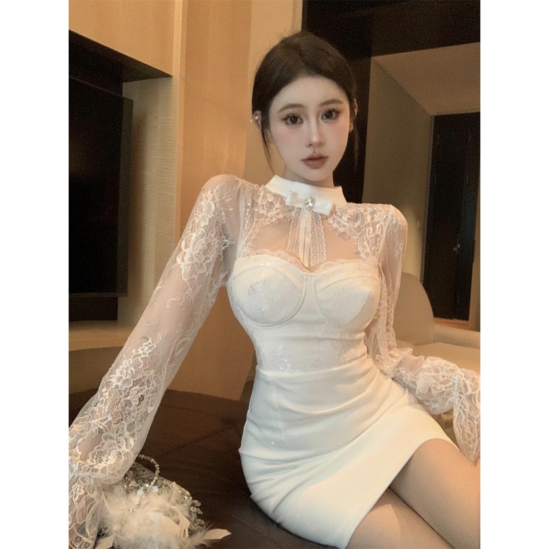 Đầm Ren Cổ Đứng Dáng Ôm Đính Đá Thời Trang Mùa Thu Cho Nữ