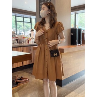 Đầm Tay Ngắn Cổ Chữ V Màu Trơn Thời Trang Mùa Hè Dành Cho Nữ