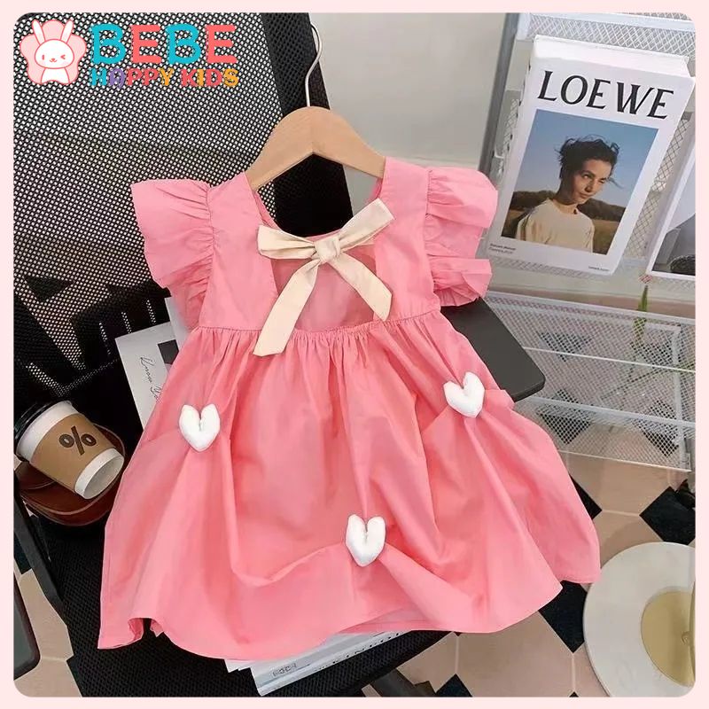 Đầm Công Chúa Tay Ngắn Màu Hồng Đính Nơ Dễ Thương Cho Bé Gái