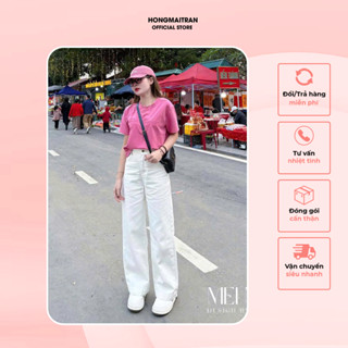  Set đồ nữ áo thun ngắn tay màu hồng phối quần dài ống rộng màu trắng cực trendy Hong Mai Tran ST17131 