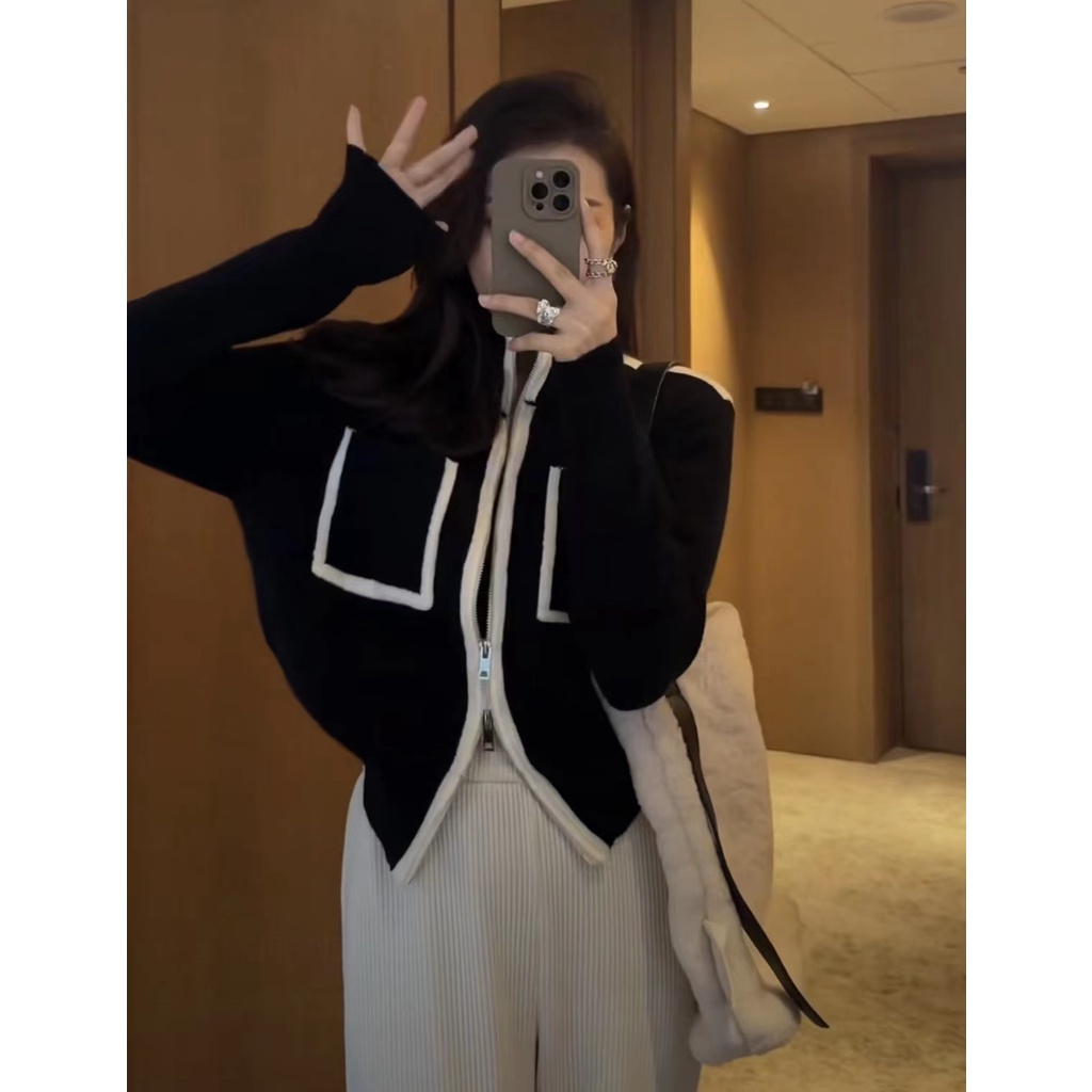 Sugemiusi Áo Khoác cardigan Dệt Kim Hai Đầu Phối Khóa Kéo Phong Cách chanel Thời Trang Thu Đông Dành Cho Nữ