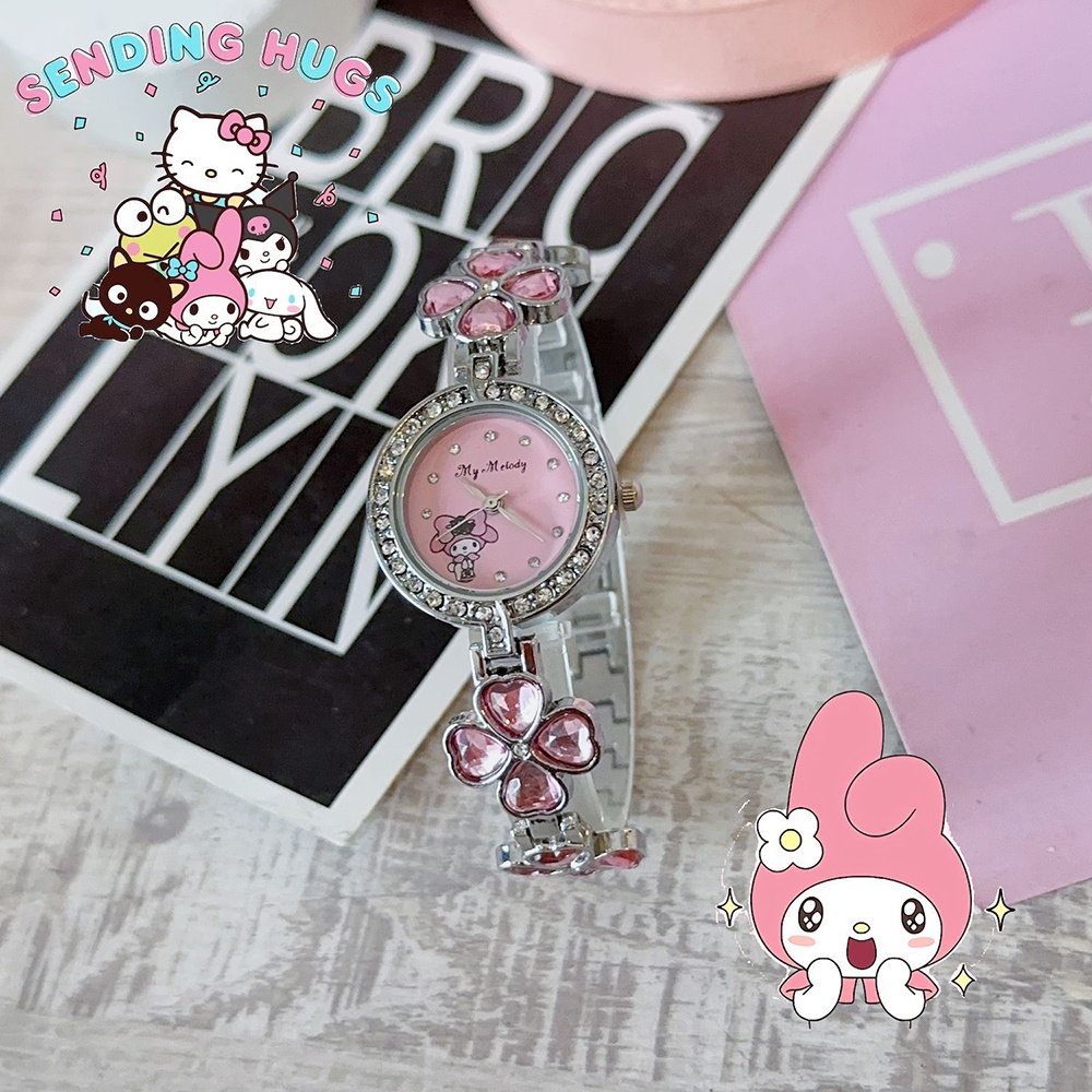 Sanrio Đồng Hồ Đeo Tay kuromi / melody / cinnamon dog / pacha / pudin / hello kitty Đính Đá Xinh Xắn Cho Bé Gái