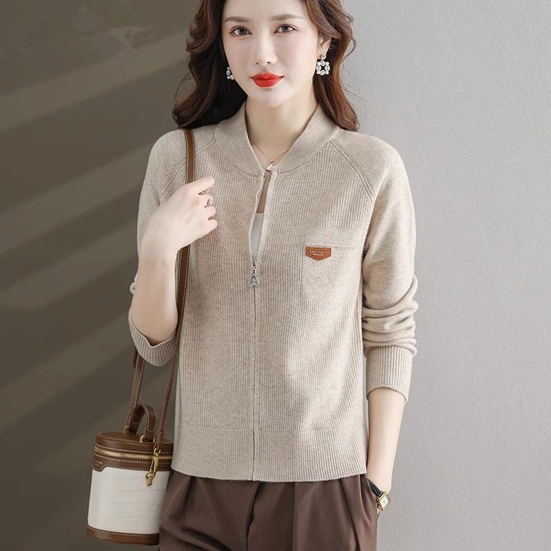 Áo Khoác cardigan Dệt Kim Tay Dài Cổ Đứng Có Khóa Kéo Phong Cách Phương Tây Cho Nữ