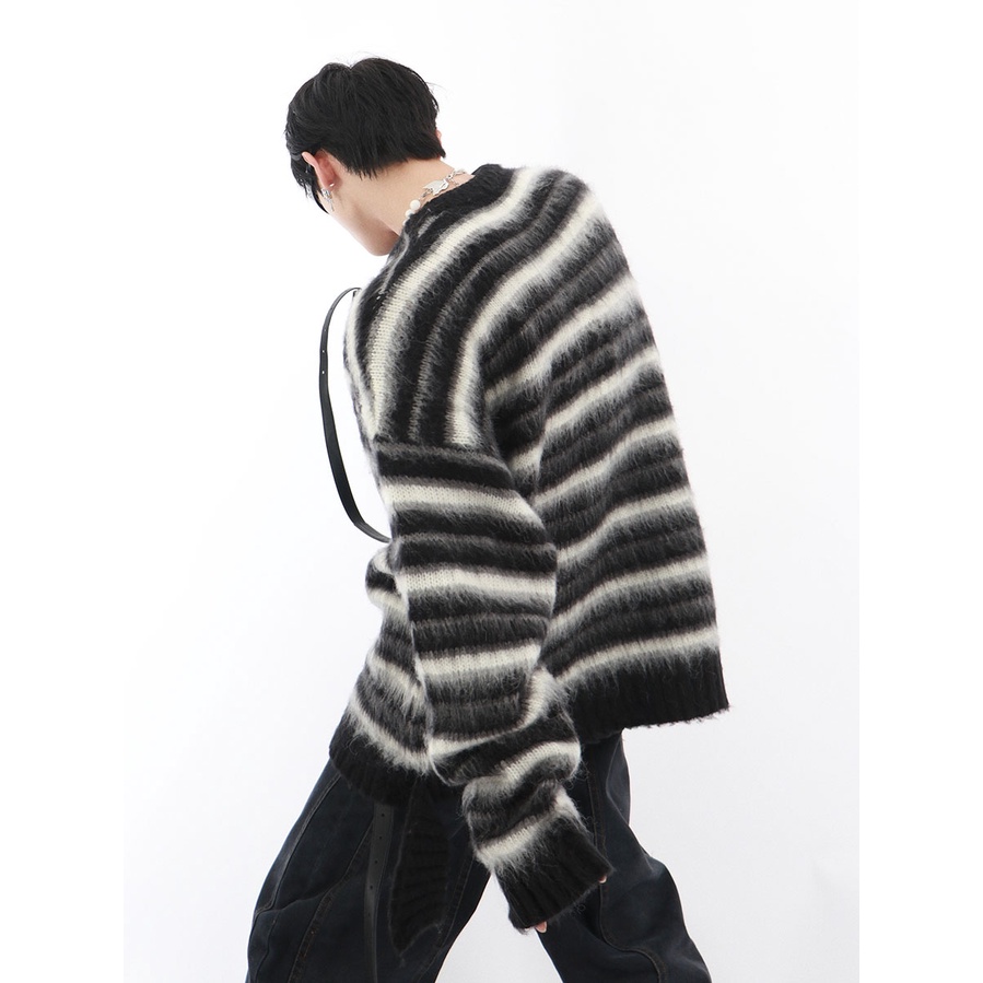 Đen Áo sweater Cổ Tròn Dáng Rộng Họa Tiết Kẻ Sọc Phong Cách Hip Hop Thời Trang Cho Nam