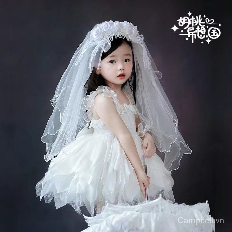 Váy Cưới Ren Hoa Màu Trắng Xinh Xắn Phong Cách lolita Cho Bé Gái
