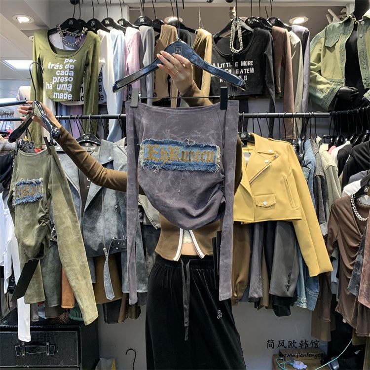 Áo Thun denim Thêu Chữ Thời Trang Mùa Thu Hàn Quốc 2023 Dành Cho Nữ