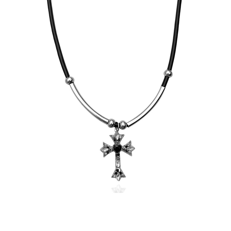 Vòng Cổ choker Dây Da Mặt Thánh Giá Đính Kim Cương Đen Phong Cách hip hop unisex