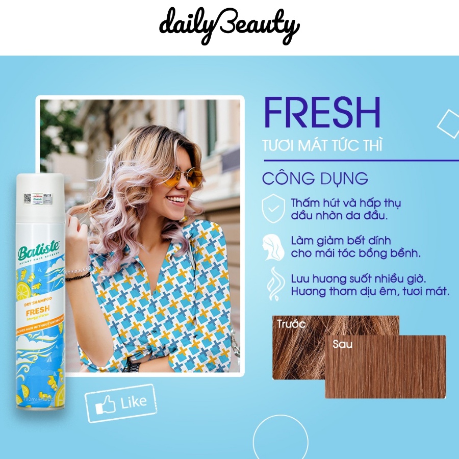 Dầu gội khô Batiste Dry Shampoo thơm mát bồng bềnh, giảm ngứa, hết bết dính tóc 200ml Daily Beauty